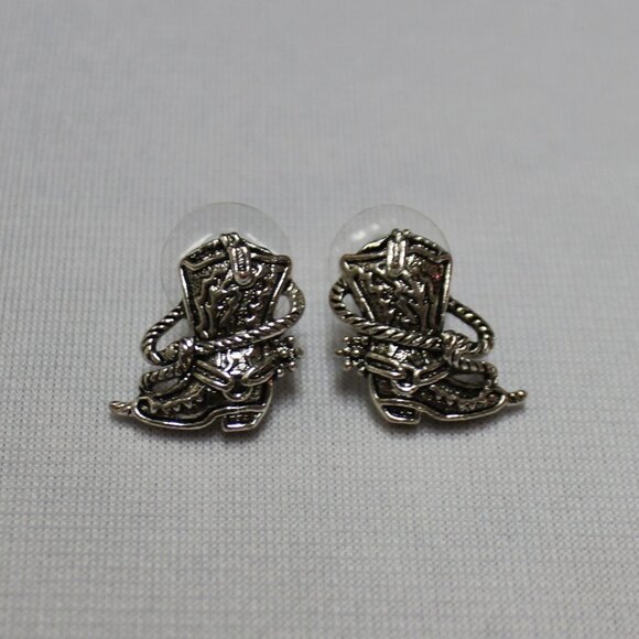 Silver Tone Cowboy Boot Stud Earrings - Picture 2 of 7